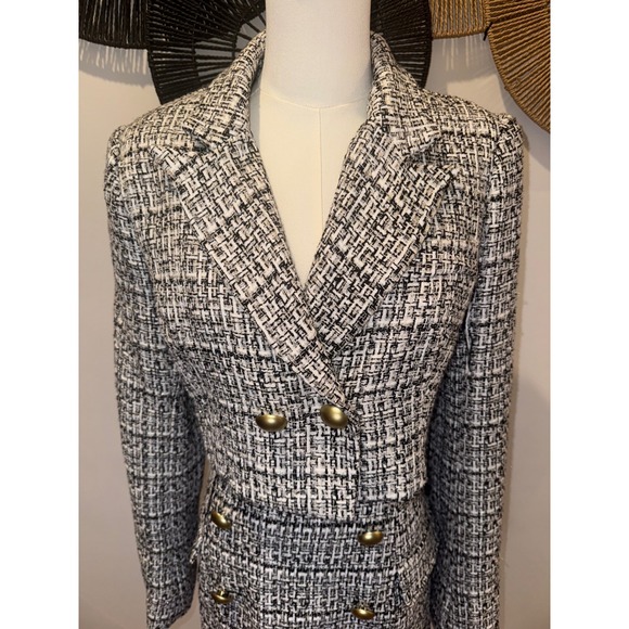 Fashion Nova Tweed Blazer Skirt Set Gold Button Black White Women L - Picture 2 of 8
